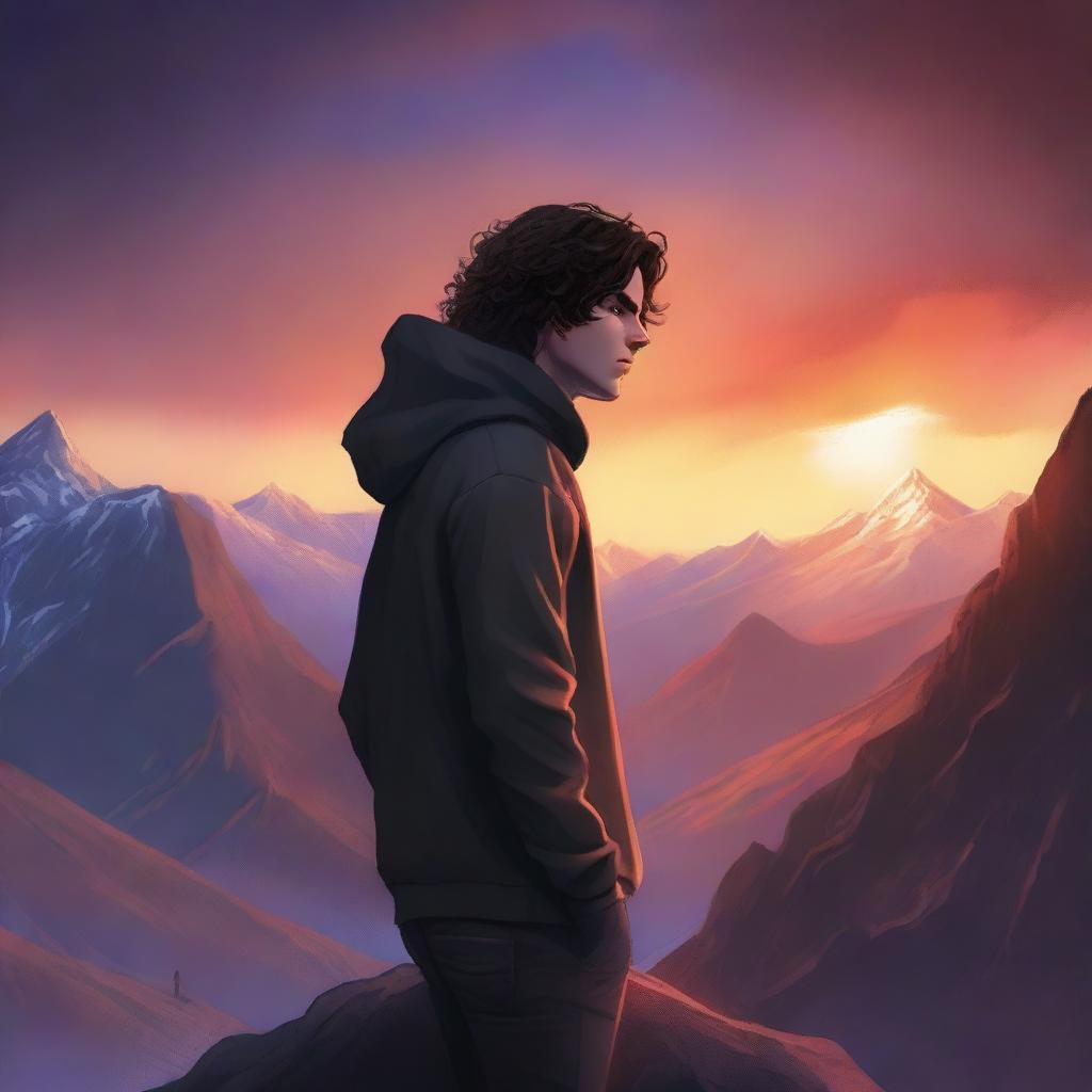 A fantasy cover featuring a fair male with black shoulder-length curled hair, dark brown eyes, and no facial hair, wearing a dark modern hoodie