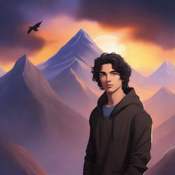 A fantasy cover featuring a fair male with black shoulder-length curled hair, dark brown eyes, and no facial hair, wearing a dark modern hoodie