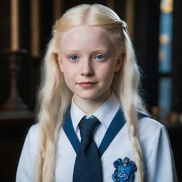 A charming portrait of a beautiful, perfect albino girl from Ravenclaw in a Hogwarts uniform, her distinct features highlighted, emanating the essence of Ravenclaw's wit and wisdom.