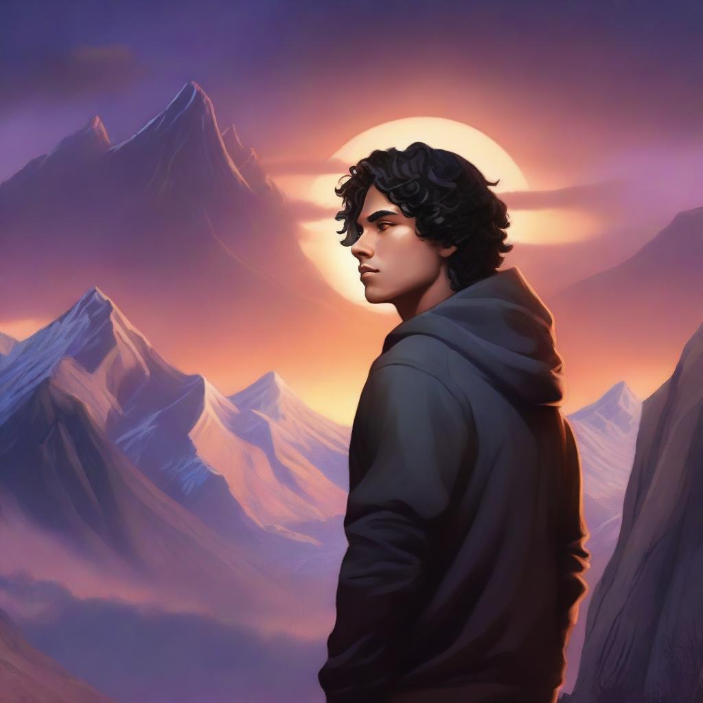 A fantasy cover featuring a fair male with black shoulder-length curled hair, dark brown eyes, and no facial hair, wearing a dark modern hoodie