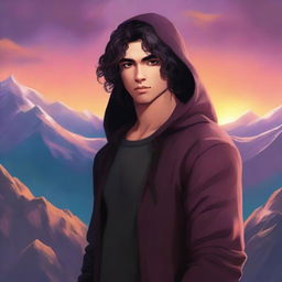 A fantasy cover featuring a fair male with black shoulder-length curled hair, dark brown eyes, and no facial hair, wearing a dark modern hoodie