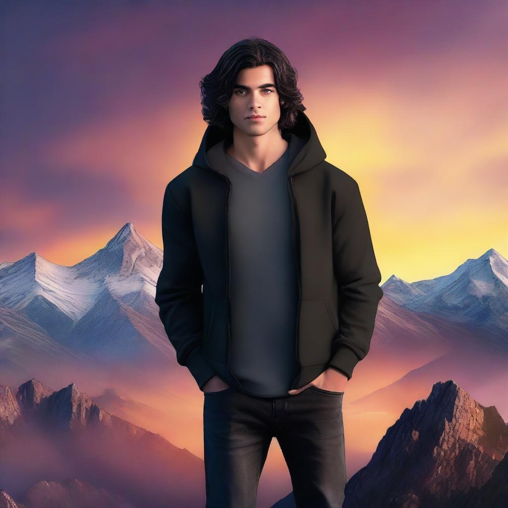 A realistic fantasy book cover featuring a fair male with black shoulder-length curled hair, dark brown eyes, and no facial hair, wearing a dark modern hoodie