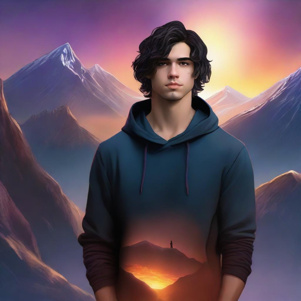 A realistic fantasy book cover featuring a fair male with black shoulder-length curled hair, dark brown eyes, and no facial hair, wearing a dark modern hoodie