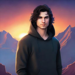 A realistic fantasy book cover featuring a fair male with black shoulder-length curled hair, dark brown eyes, and no facial hair, wearing a dark modern hoodie