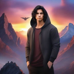 A realistic fantasy book cover featuring a fair male with black shoulder-length curled hair, dark brown eyes, and no facial hair, wearing a dark modern hoodie