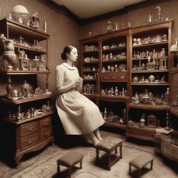 A giantess woman in a room filled with tiny furniture