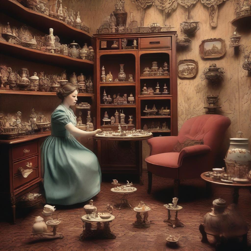 A giantess woman in a room filled with tiny furniture