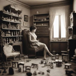 A giantess woman in a room filled with tiny furniture