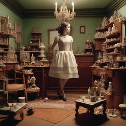 A giantess woman in a room filled with tiny furniture