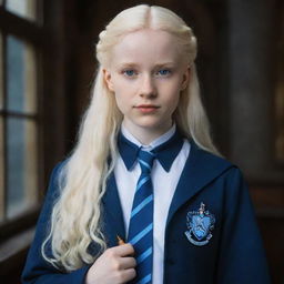 A charming portrait of a beautiful, perfect albino girl from Ravenclaw in a Hogwarts uniform, her distinct features highlighted, emanating the essence of Ravenclaw's wit and wisdom.