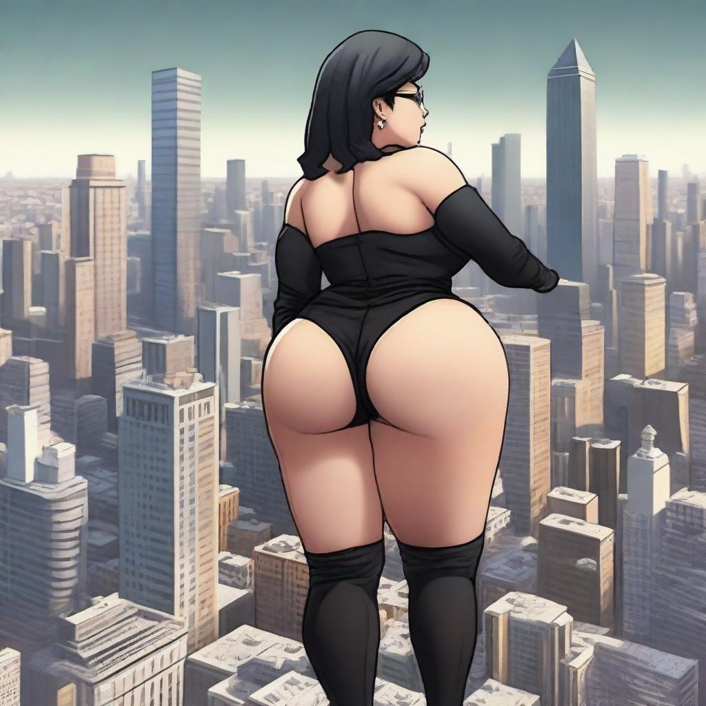 A giantess woman towering over a bustling city