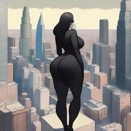 A giantess woman towering over a bustling city