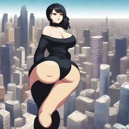 A giantess woman towering over a bustling city