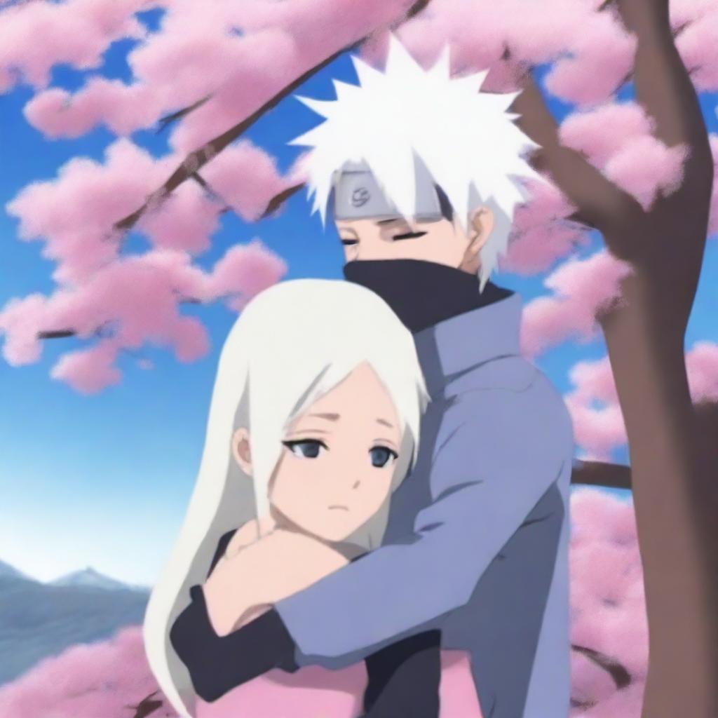 Hatake Kakashi hugging a girl with long white hair under a blooming sakura tree