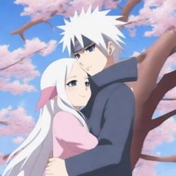 Hatake Kakashi hugging a girl with long white hair under a blooming sakura tree