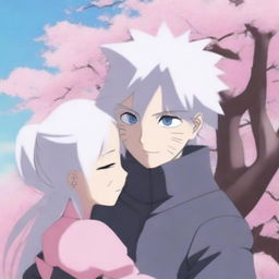 Hatake Kakashi hugging a girl with long white hair under a blooming sakura tree