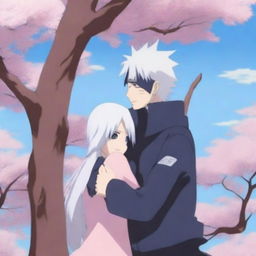 Hatake Kakashi hugging a girl with long white hair under a blooming sakura tree