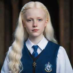 A charming portrait of a beautiful, perfect albino girl from Ravenclaw in a Hogwarts uniform, her distinct features highlighted, emanating the essence of Ravenclaw's wit and wisdom.