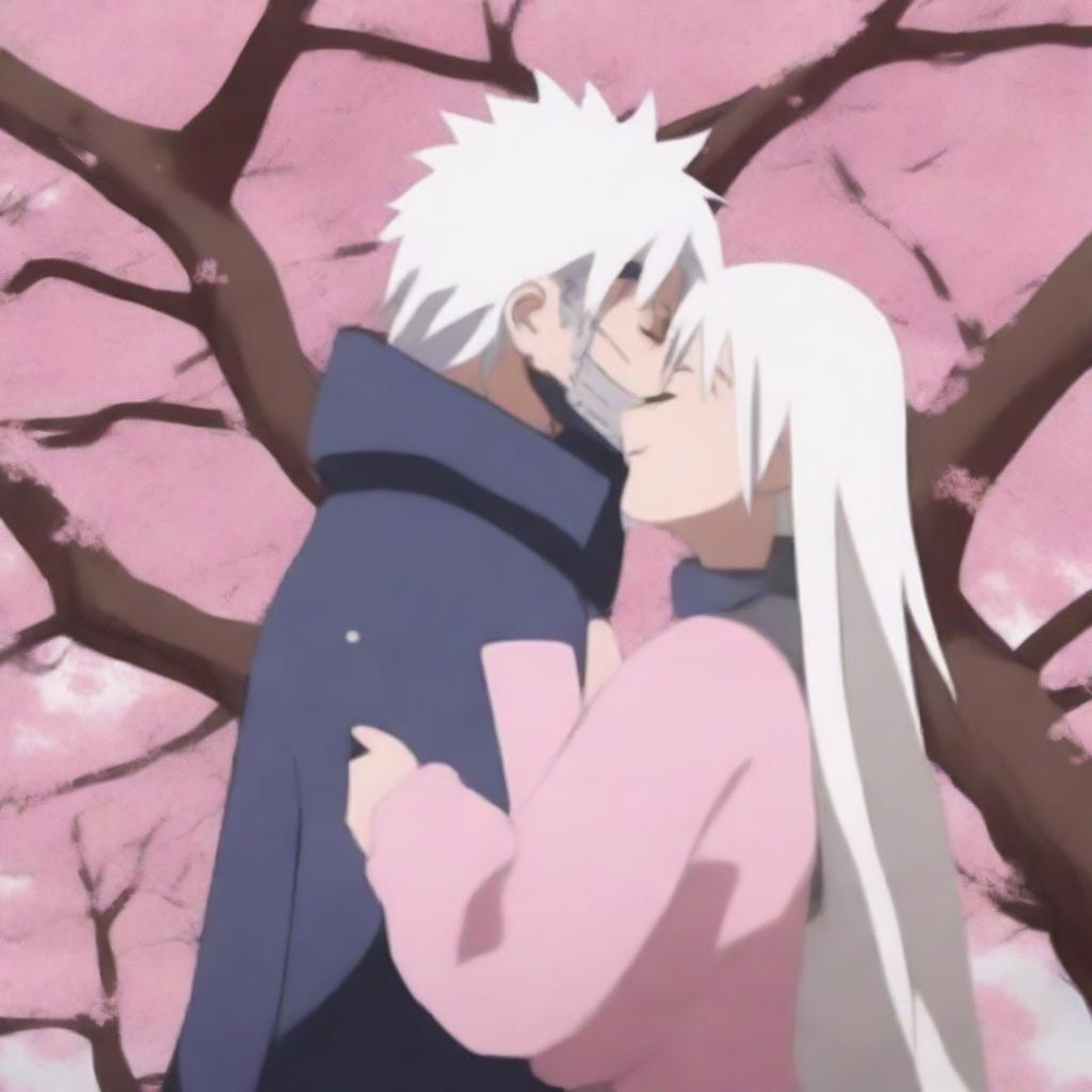 An anime-style scene where Hatake Kakashi is kissing a girl with long white hair under a blooming sakura tree