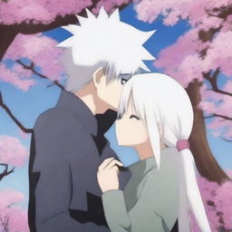 An anime-style scene where Hatake Kakashi is kissing a girl with long white hair under a blooming sakura tree