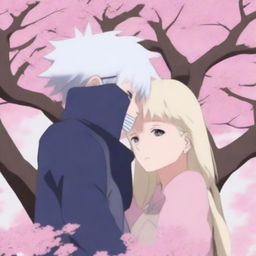 An anime-style scene where Hatake Kakashi is kissing a girl with long white hair under a blooming sakura tree