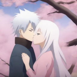 An anime-style scene where Hatake Kakashi is kissing a girl with long white hair under a blooming sakura tree