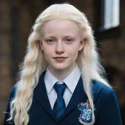 A charming portrait of a beautiful, perfect albino girl from Ravenclaw in a Hogwarts uniform, her distinct features highlighted, emanating the essence of Ravenclaw's wit and wisdom.