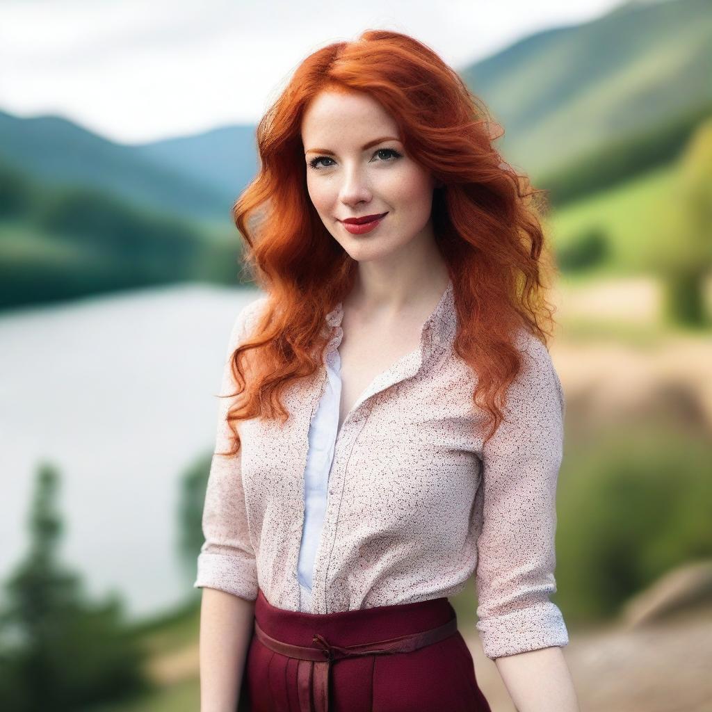 A beautiful young woman with striking red hair and fair skin, dressed in a stylish outfit