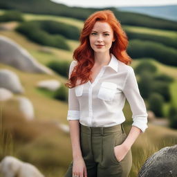 A beautiful young woman with striking red hair and fair skin, dressed in a stylish outfit