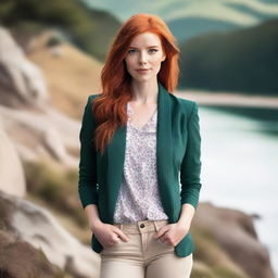 A beautiful young woman with striking red hair and fair skin, dressed in a stylish outfit