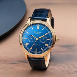 Create a luxury watch design featuring a blue colored face with an elegant and sophisticated look