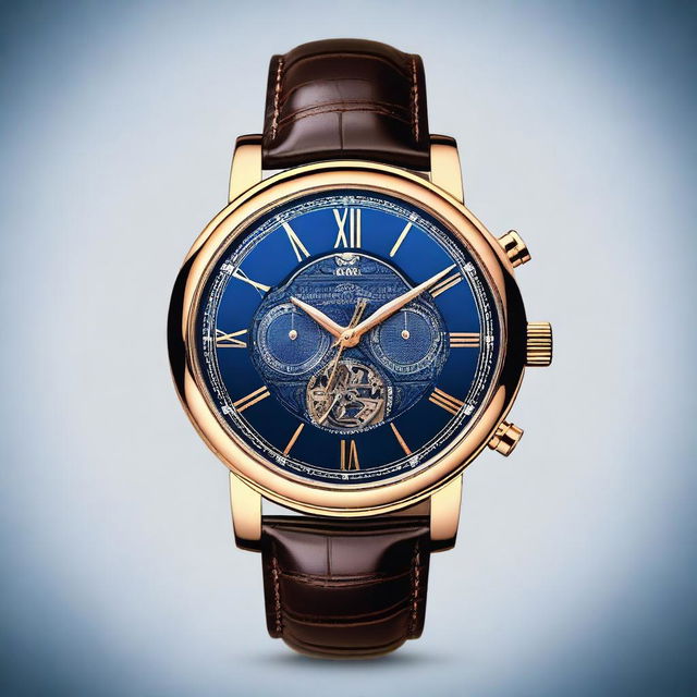 Create a luxury watch design featuring a blue colored face with an elegant and sophisticated look