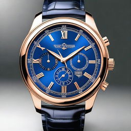 Create a luxury watch design featuring a blue colored face with an elegant and sophisticated look