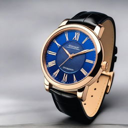 Create a luxury watch design featuring a blue colored face with an elegant and sophisticated look