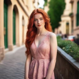 A stunning young European woman with vibrant red hair and captivating hazel eyes