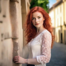 A stunning young European woman with vibrant red hair and captivating hazel eyes