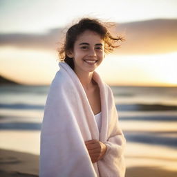 A young teen with a towel wrapped around their shoulders, standing by the beach