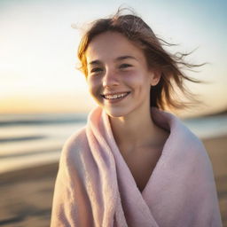 A young teen with a towel wrapped around their shoulders, standing by the beach