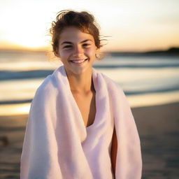 A young teen with a towel wrapped around their shoulders, standing by the beach