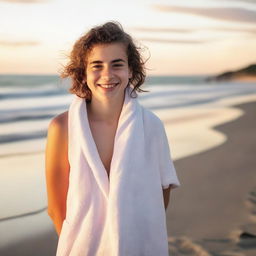 A young teen with a towel wrapped around their shoulders, standing by the beach