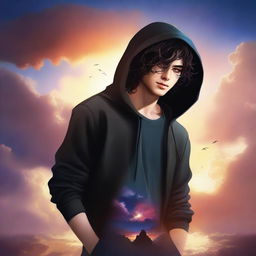 A fantasy cover featuring a fair male with black shoulder-length curled hair and dark brown eyes, wearing a dark modern hoodie