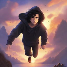 A fantasy cover featuring a fair male with black shoulder-length curled hair and dark brown eyes, wearing a dark modern hoodie