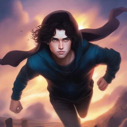 A fantasy cover featuring a fair male with black shoulder-length curled hair and dark brown eyes, wearing a dark modern hoodie