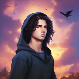 A fantasy cover featuring a fair male with black shoulder-length curled hair and dark brown eyes, wearing a dark modern hoodie