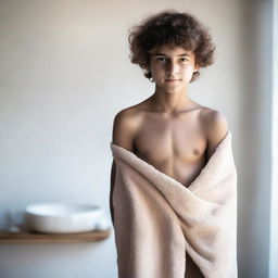 A young teen holding a towel, with some skin visible, standing in a non-explicit, casual setting