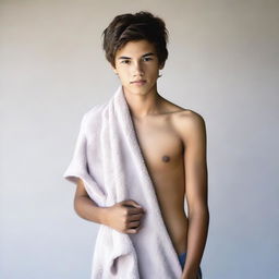 A young teen holding a towel, with some skin visible, standing in a non-explicit, casual setting