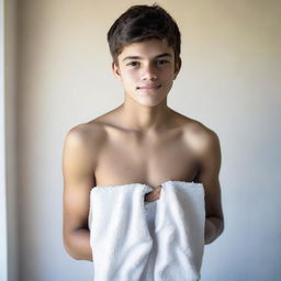 A young teen holding a towel, with some skin visible, standing in a non-explicit, casual setting