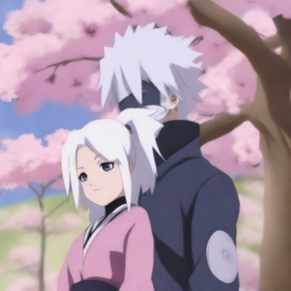 Kakashi Hatake, wearing his Jounin outfit, stands under a blooming sakura tree