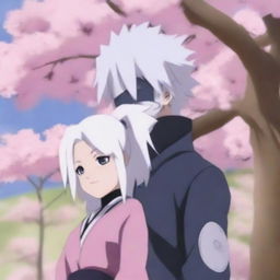 Kakashi Hatake, wearing his Jounin outfit, stands under a blooming sakura tree