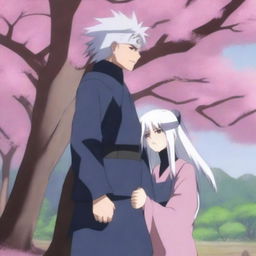 Kakashi Hatake, wearing his Jounin outfit, stands under a blooming sakura tree